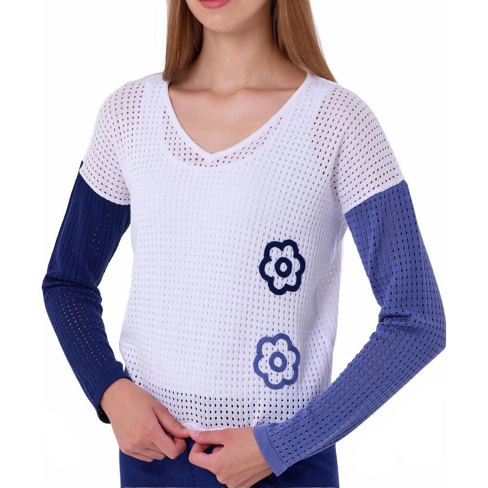 NEW FRENCH KYSS v-neck flower crochet top in white/multi